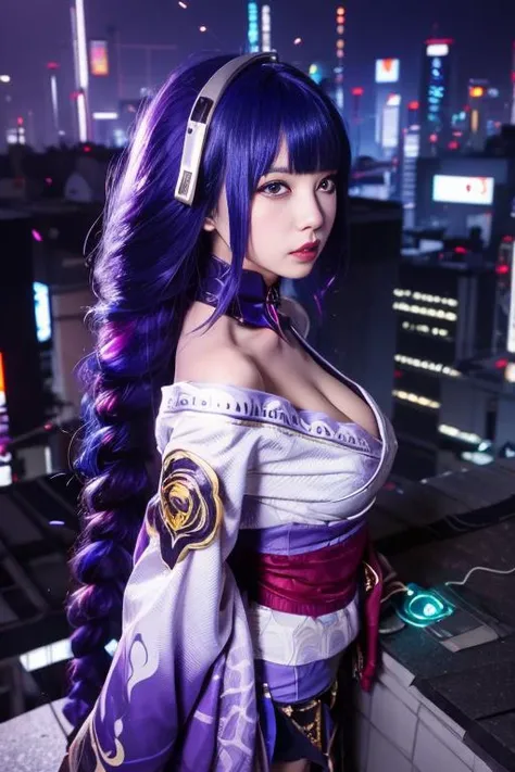 RaidenShogun, detailed clothes, white clothes, blunt bangs, braid, (breasts:0.88), cleavage, wide-sleeved kimono, hair ornament, white japanese clothes, (red obi:1.4), (purple hair:1.4), very long hair, straight hair, detailed face, cool face, (smooth chin...