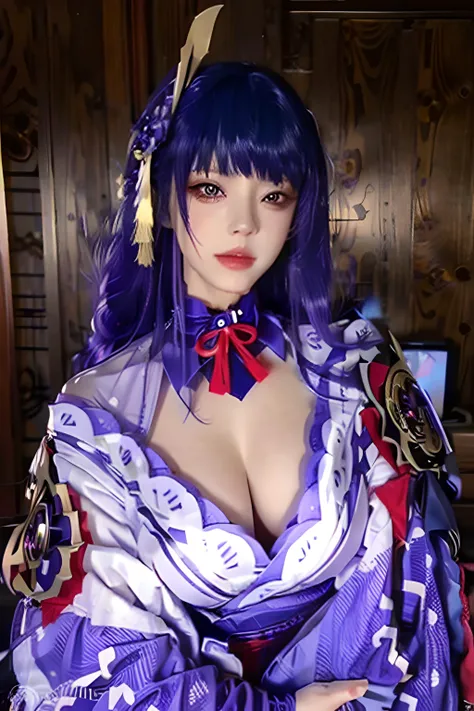 <lora:RaidenShogun-HandsFix:1>, 1girl, blunt bangs, braid, wide sleeves, hair ornament, japanese clothes, red obi, (purple hair:1.2), very long hair, straight hair, looking at viewer, highly detailed background, (photo realistic:1.2), detailed eyes, red ey...