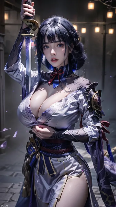 {masterpiece},ultra highres,best quality,8k hd,photorealistic,1girl,raiden shogun,from front,(sword in the middle),(sword thrust into breasts:1.4),mole,(gigantic breasts:1.48),(covered nipples:1.2),(looking at viewer),(castle),purple crystal,indoors,detail...