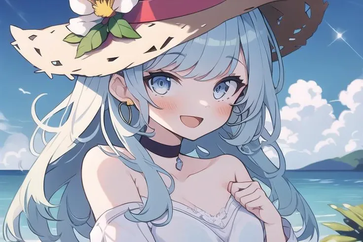 masterpiece, best quality, 1girl, :d, bangs, bare_shoulders, beach, blue_eyes, blue_sky, blush, breasts, brown_hair, choker, cloud, cloudy_sky, day, earrings, eyebrows_visible_through_hair, hat, hat_flower, horizon, island, jewelry, long_hair, looking_at_v...