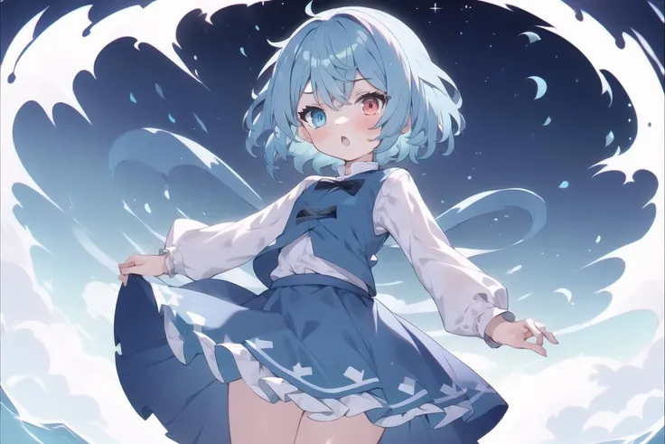 masterpiece, best quality,1girl, :o, aqua_skirt, blue_eyes, blue_hair, blue_skirt, blue_vest, cowboy_shot, heterochromia, long_sleeves, open_mouth, puffy_sleeves, red_eyes, shirt, short_hair, skirt, solo, tatara_kogasa,