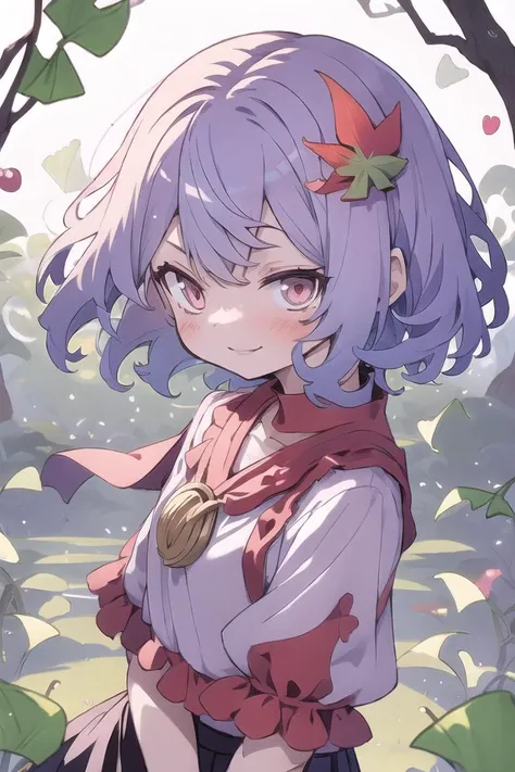 masterpiece, best quality, 1girl, autumn_leaves, bangs, blush_stickers, eyebrows_visible_through_hair, ginkgo_leaf, hair_ornament, leaf, leaf_hair_ornament, looking_at_viewer, maple_leaf, mirror, puffy_short_sleeves, puffy_sleeves, purple_hair, red_eyes, r...