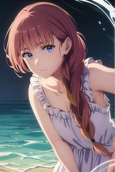 tokikohishigata, <lora:tokiko hishigata s1-lora-nochekaiser:1>,
tokiko hishigata, long hair, bangs, brown hair, blue eyes, braid, blunt bangs, single braid, hair over shoulder,
BREAK collarbone, sleeveless, dress, frilled dress, white dress,
BREAK outdoors...