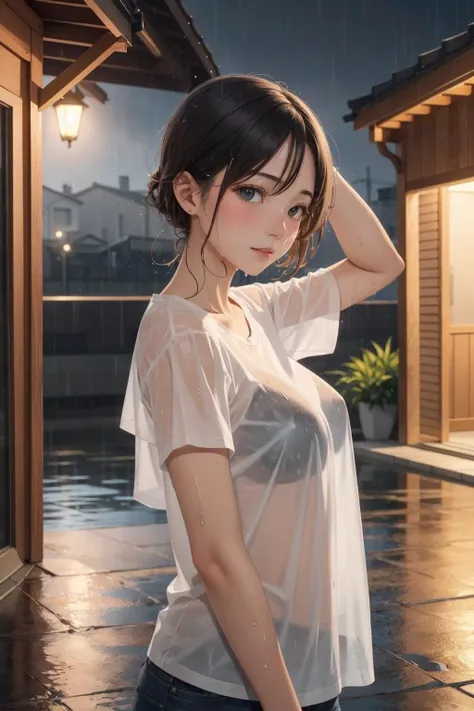 best quality, outdoors, heavy rain, raining, house, evening
BREAK
1girl, portrait, looking at viewer, wet, t-shirt