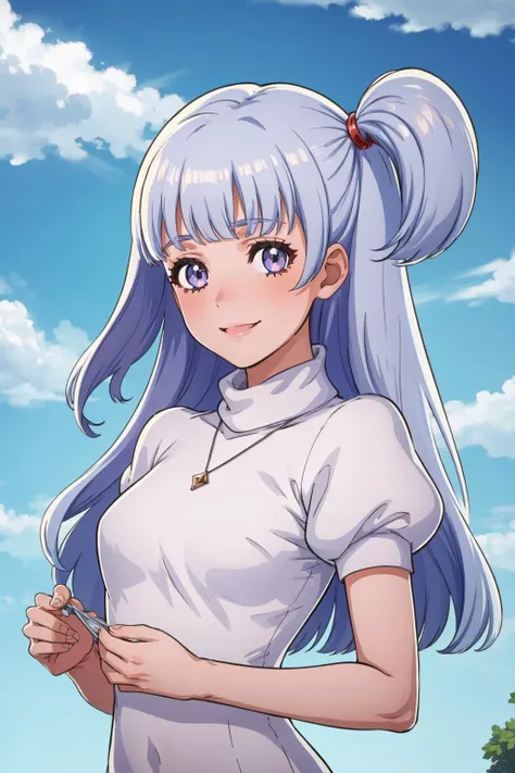 masterpiece, best quality, solo, 1girl, smile, looking at viewer,   <lora:marishaV1:1>, marisha, blunt bangs, one side up, jewelry, puffy short sleeves, white dress,  pendant, turtleneck,  <lora:FE-ENGAGE S Rank_Fp:1>, sky, cloud,