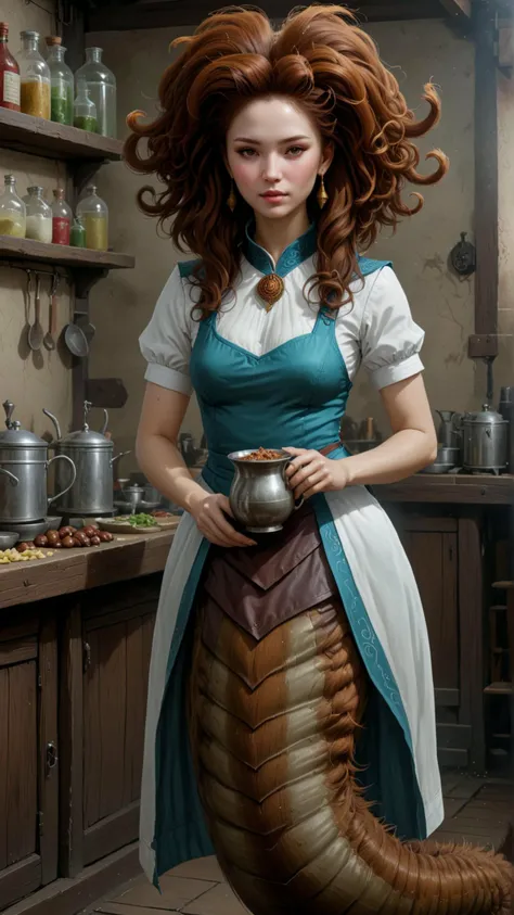 <lora:NagaSDXL:1.0>digital illustration, naga, creature, working as a waitress, fullbody,  serious, chestnut hair, Mongolian-Russian skin, in alchemical workshop