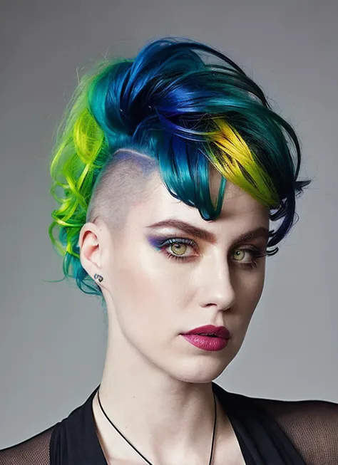 portrait of sks woman by Flora Borsi, style by Flora Borsi, bold, bright colours, rainbow Mohawk haircut, ((Flora Borsi)), <lora:locon_cbg_v1_from_v1_64_32:1.25>