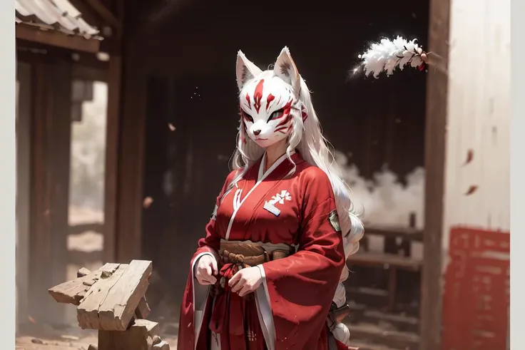 female, woman, red and white fantasy robes, long white hair, wind, cinematic, atmospheric, chiaroscuro, movement, badass, waterfall , power, dust particles, dust, ninja crouch, feminine <lora:kitsunev0.4:1> kitsunemask, bandages, [fox mask]