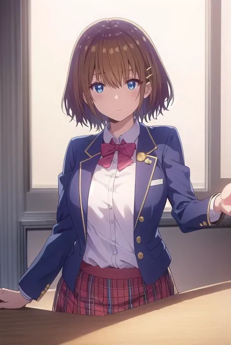 mizuhakiryuu, <lora:mizuha kiryuu s1-lora-nochekaiser:1>,
mizuha kiryuu, short hair, blue eyes, brown hair, hair ornament, hairclip,
BREAK skirt, bow, school uniform, jacket, plaid, plaid skirt, blazer,
BREAK indoors, classroom,
BREAK looking at viewer,
BR...