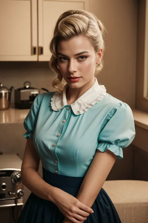 vintage 1950s color photo, blonde <lora:Margot Robbie_m5rg5r0:0.8> m5rg5r0 as a sulky waitress, frilled vintage waitress uniform, bored expression, dynamic pose, leaning on a counter, holding a coffeepot, vintage americana, american diner, kodak colors, fi...