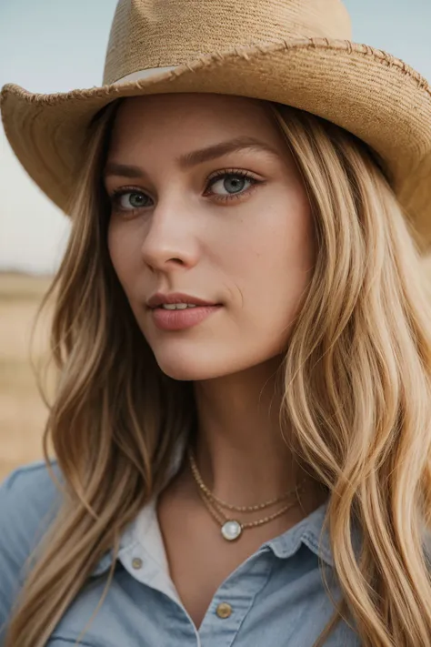 blonde <lora:Margot Robbie_m5rg5r0:0.85> m5rg5r0, cowgirl, cowboy hat, jeans, sly smile, vivid ice blue eyes, texas ranch, a stunning intricate full color portrait, epic character composition, by ilya kuvshinov, alessio albi, nina masic, sharp focus on eye...