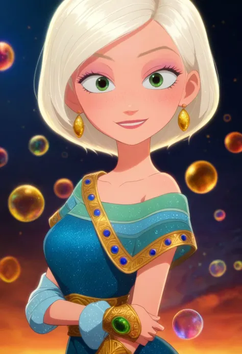 a cartoon image of a woman in a blue dress with bubbles