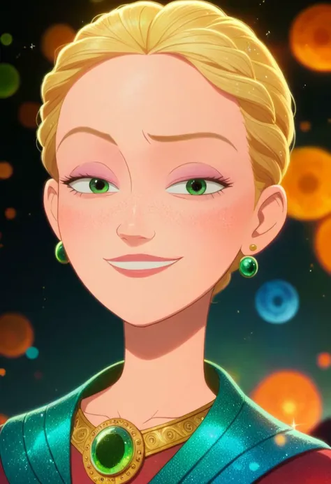 a close up of a cartoon character wearing a necklace and earrings