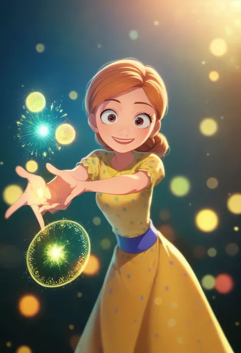 a cartoon girl in a yellow dress holding a sparkle ball