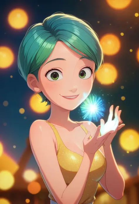 a woman with green hair and a yellow dress holding a sparkle ball