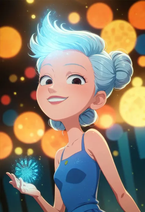 a cartoon girl with blue hair and a blue dress holding a sparkle ball