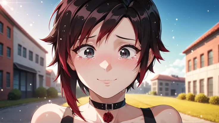 anime girl with red hair and black top in front of a building