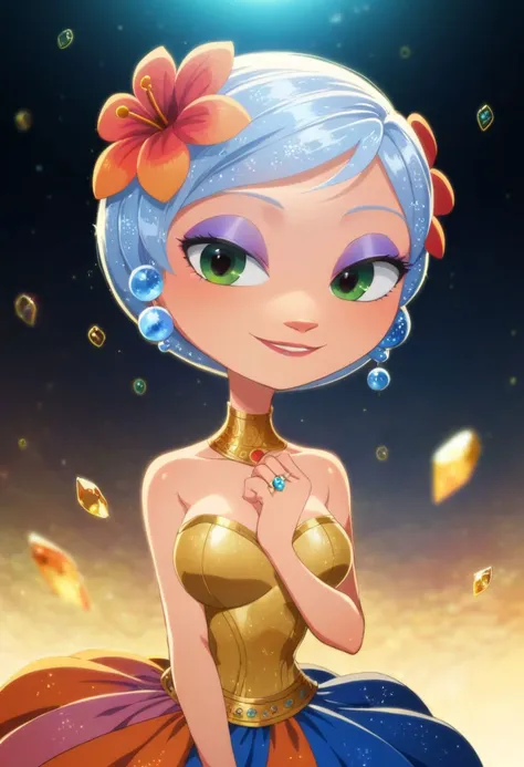 a cartoon girl with blue hair and a gold dress