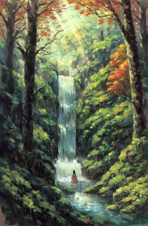 painting of a waterfall in a forest with a person in a canoe