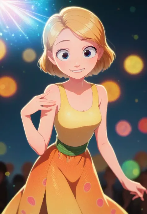 a cartoon girl in a yellow dress standing in front of a crowd