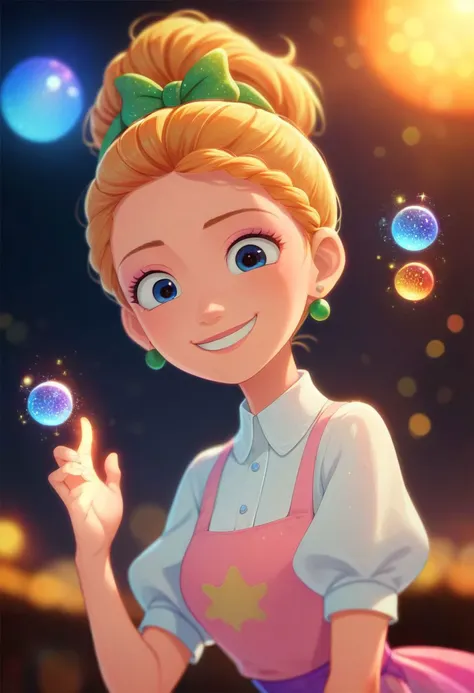 a cartoon girl with blonde hair and a pink dress blowing bubbles