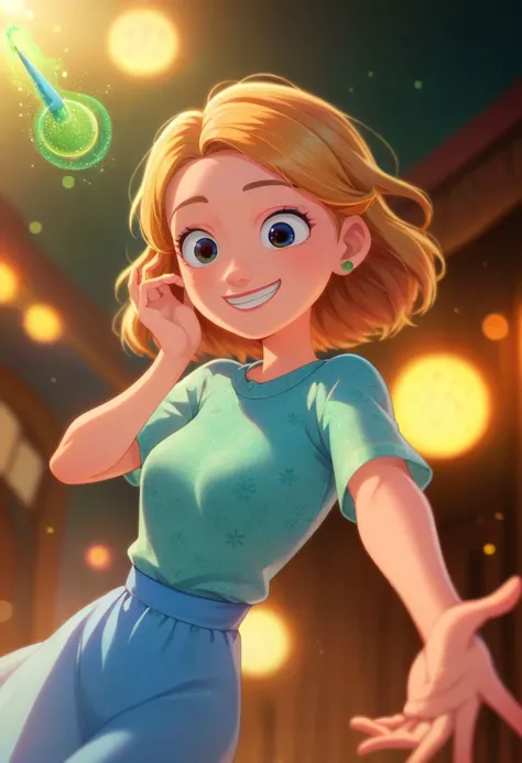 a cartoon girl in a blue dress is dancing with a green light