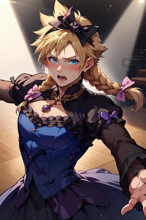 score_9, score_8_up, score_7_up, score_6_up, source_anime, 1boy, male focus, solo BREAK  <lora:cloudstrife-pdxl-nvwls-v1-000006:1> dressCloud, crossdressing, blonde hair, twin braids, hair bow, frilled dress, black dress, puffy sleeves, long sleeves, long ...