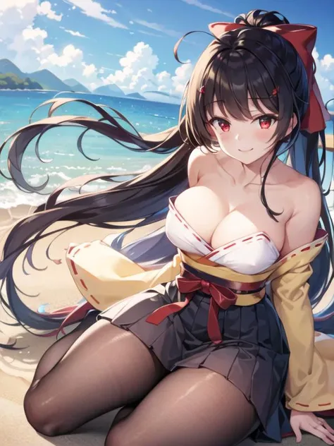 (ultra detailed),(masterpeace),(best quality),(photorealistic), beautiful lighting, CG,(colour:1.2), looking at viewer,outdoor,beach,agano_(azur_lane) ,pantyhose,long_hair,ponytali,red_eyes,large_breasts,cleavage,wide_sleeves,detached_sleeves,long_sleeves,...