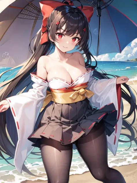 (ultra detailed),(masterpeace),(best quality),(photorealistic), beautiful lighting, CG,(colour:1.2), looking at viewer,outdoor,beach,agano_(azur_lane) ,pantyhose,long_hair,ponytali,red_eyes,large_breasts,cleavage,wide_sleeves,detached_sleeves,long_sleeves,...