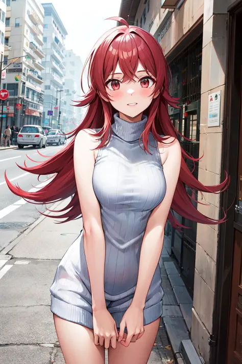 masterpiece, best quality, highres, aakaho, long hair, ahoge, <lora:komiya_kaho_v1:0.7>, turtleneck sweater, virgin killer sweater, standing, street, cowboy shot, sleeveless, sweater dress,