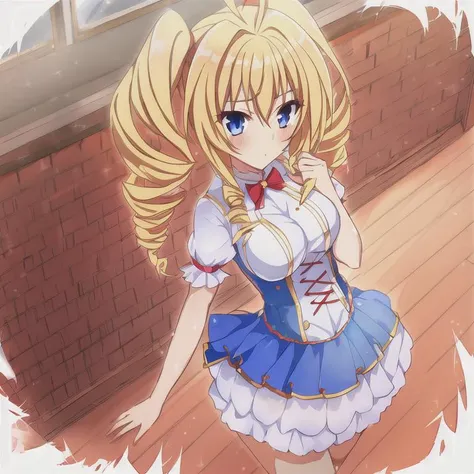 anime girl in a blue dress with a white top and a red bow