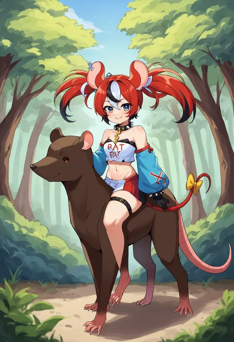 forest
BREAK
score_9, score_8_up,score_7_up, source_ anime, 
BREAK
<lora:HakosBaelzPDXL:0.8> ,1girl,HakosBaelz sitting on [horse:rat:0.25],riding [horse:rat:0.25], smiling, looking aside, twintails, mouse tail, tail bow, BaelzBase, twintails, spiked collar...