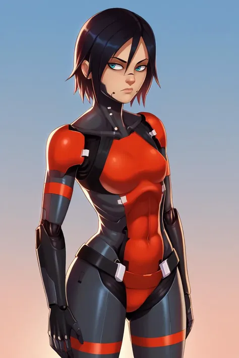 a woman in a red and black suit standing with her hands on her hips