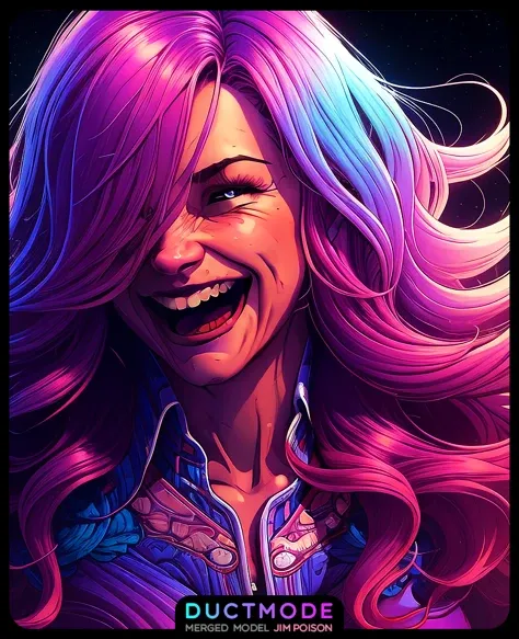 cinematic art by (dan mumford:1.3) style,
laughing (close up:1.1) face woman gradient hair,
exquisite anatomy and posture, 8k uh...