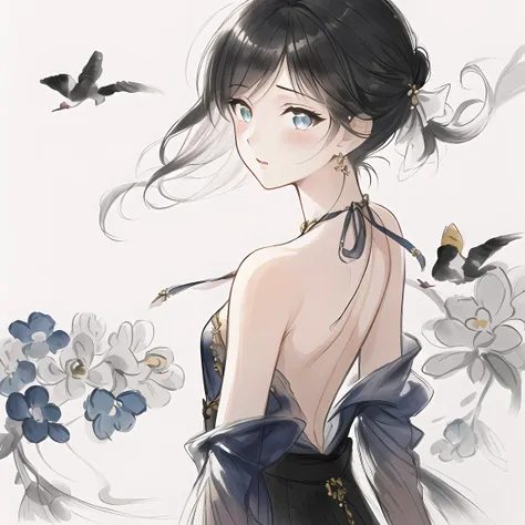 anime girl with long hair and blue dress with birds flying around