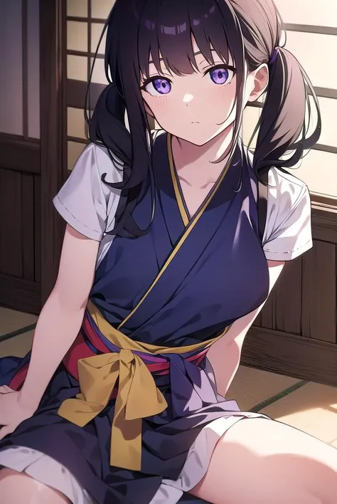 takinainoue, <lyco:takinainoue-LYCORIStest:1>, inoue takina, long hair, bangs, black hair, twintails, (purple eyes:1.2), (small breast:1.2), BREAK japanese clothes, kimono, apron, waist apron, blue kimono, waitress, BREAK indoors, BREAK <lora:GoodHands-van...