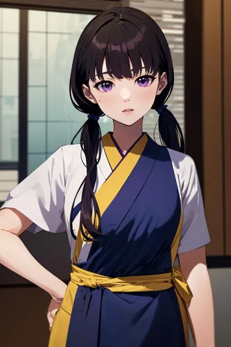 ((masterpiece)), (best quality), official art, extremely detailed CG, unity 8k wallpaper, ultra detailed, highly detailed, detailed background, inoue takina, long hair, bangs, black hair, (purple eyes:1.2), japanese clothes, kimono, apron, waist apron, blu...