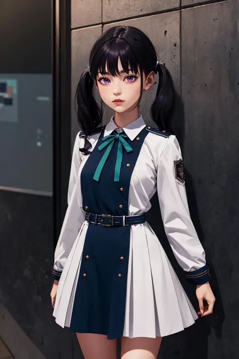 ((masterpiece)), (best quality), official art, extremely detailed CG, unity 8k wallpaper, ultra detailed, highly detailed, detailed background, inoue takina, long hair, bangs, black hair, (purple eyes:1.2), shirt, long sleeves, dress, ribbon, school unifor...