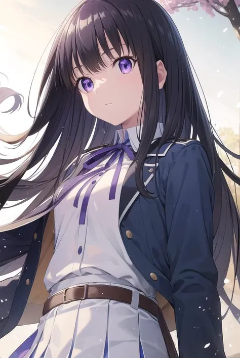 takinainoue, <lyco:takinainouechickeiii-lyco-nochekaiser:1>, 
inoue takina, long hair, bangs, black hair, (purple eyes:1.2), 
BREAK shirt, long sleeves, dress, ribbon, school uniform, white shirt, collared shirt, belt, neck ribbon, blue dress, green ribbon...