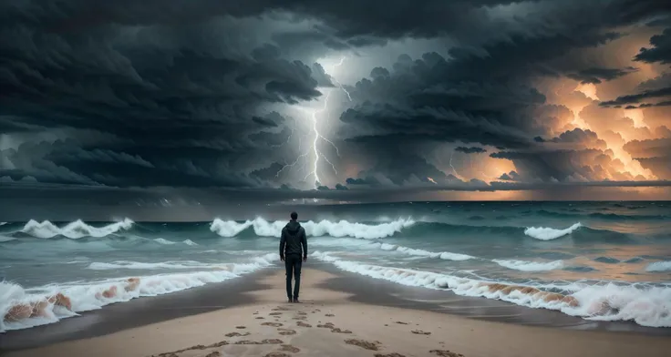 a man standing on a beach looking at a lightning bolt