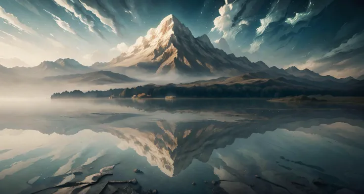 arafed image of a tree with a mountain and a lake in the middle, surreal art, surrealistic digital artwork, surreal + highly detailed, highly detailed digital art, surreal design, surreal digital art, surreal concept art, surreal realistic, stylized digita...