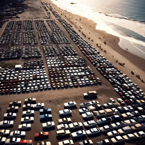 cinematic film still of  <lora:1970s style:1>
From above, In the 1970s a beach with many cars parked on it,outdoors,multiple boys,ocean,beach,ground vehicle,scenery,motor vehicle,6+boys,city,realistic,car,vehicle focus,truck,real world location , realistic...