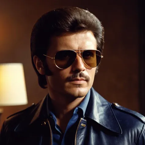 cinematic film still of  <lora:1970s style:1>
In the 1970s a classic 70s man in a brown leather jacket and dark blue shirt and sunglasses,solo,brown hair,shirt,black hair,1boy,jacket,upper body,male focus,indoors,facial hair,sunglasses,brown jacket,realist...