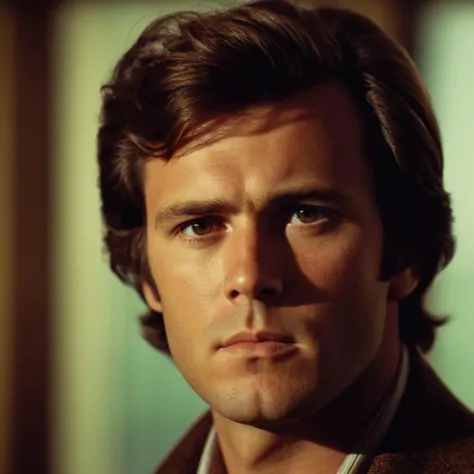 cinematic film still of  <lora:1970s style:1>
In the 1970s a man with a serious look on his face,solo,looking at viewer,brown hair,1boy,closed mouth,male focus,portrait,realistic , realistic,realism, detailed, perfection,perfect,filmic,retro,vintage,classi...