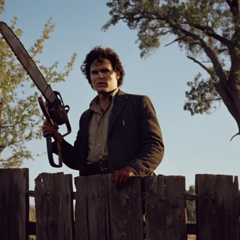 cinematic film still of  <lora:1970s style:1>
In the 1970s a Leatherface person holding a chainsaw on top of a wooden fence,1girl,solo,black hair,1boy,holding,outdoors,sky,tree,cup,blood,drinking glass , realistic,realism, detailed, perfection,perfect,film...