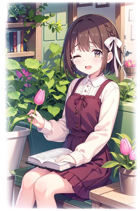 1girl, blush, book, brick_wall, brown_hair, flower, flower_pot, hair_ribbon, ivy, leaf, lily_(flower), looking_at_viewer, one_eye_closed, open_mouth, plant, potted_plant, ribbon, short_hair, sitting, solo, tears, tulip, vase, vines
 <lora:pcr-000014:0.7>