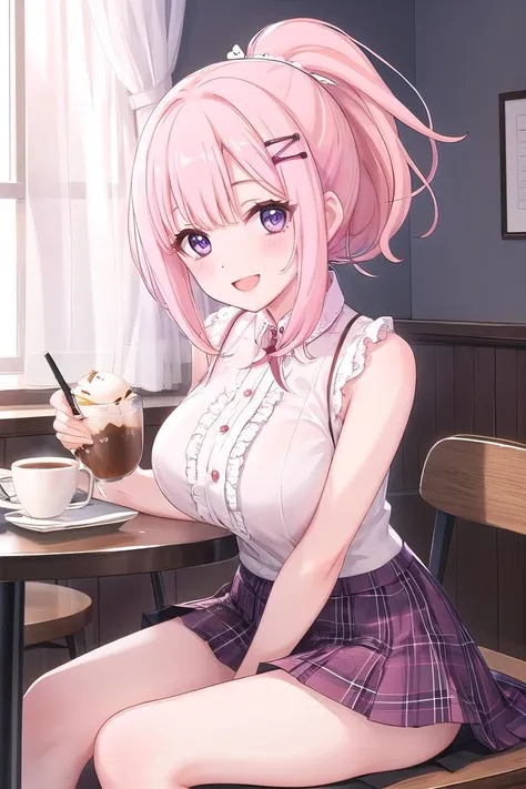 1girl,bangs ,(medium hair :1.3), (large breasts:1.2),hairclip, (light pink hair, ponytail :1.5), sidelocks, (((disheveled hair))), (dark violet eyes:1.3), (sitting:1.2), 
curtains, (cafe,table, :1.2), coffee, ice cream, dessert,eyebrows_visible_through_hai...