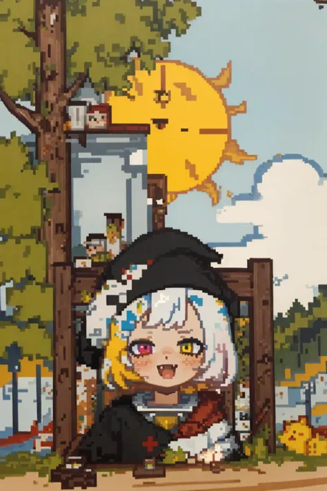 pixel art of a girl sitting on a bench in front of a tree