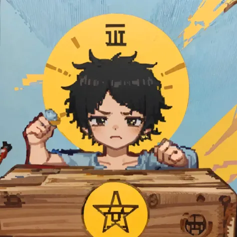 anime boy with a pen and a pentagram in his hand