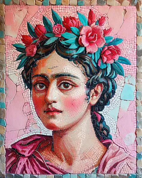 electric pink "We are the champions, my friend.", it is Tender, Magical Realism, anaglyph effect, vibrant art designed by Frida Kahlo, Studio Ghibli, digital art, emotional, <lora:Roman_Mosaic:1>